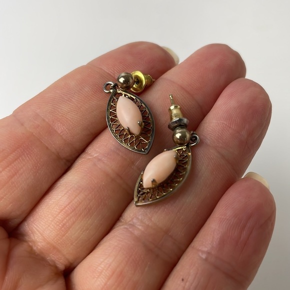 PINK Marquis Shaped Stone 12 K Gold Filled Vintage Earrings - Picture 7 of 8